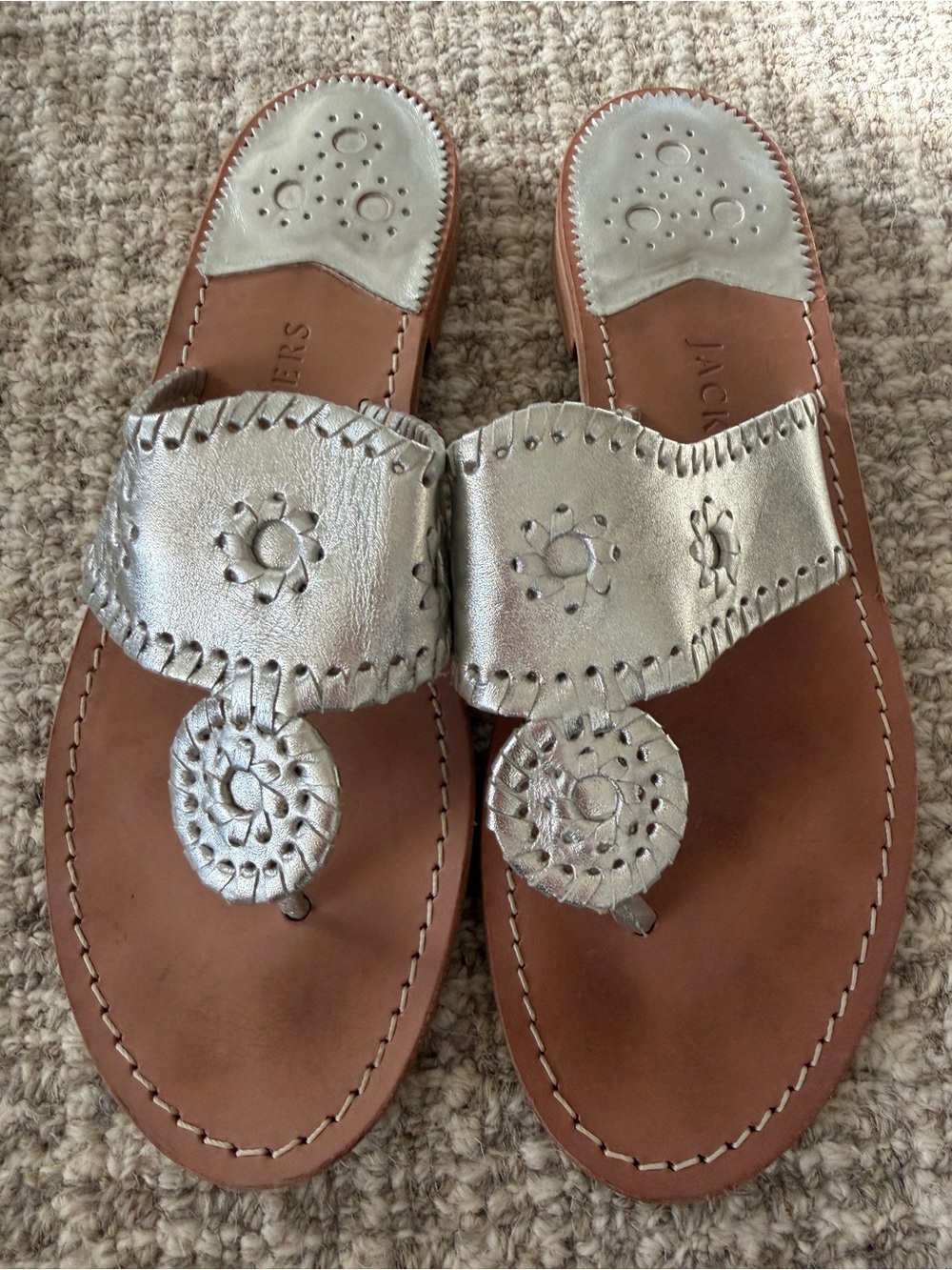 Jack Rogers Silver Metallic Leather Thong Sandals with Tan Footbed